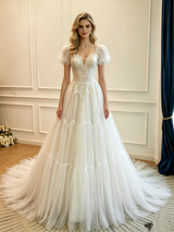 White Tulle Lace Puff Sleeve Wedding Dress