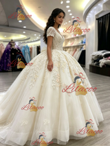Ivory V-neck Short Sleeve Appliques Quinceanera Dress