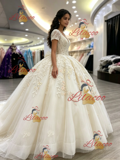 Ivory V-neck Short Sleeve Appliques Quinceanera Dress