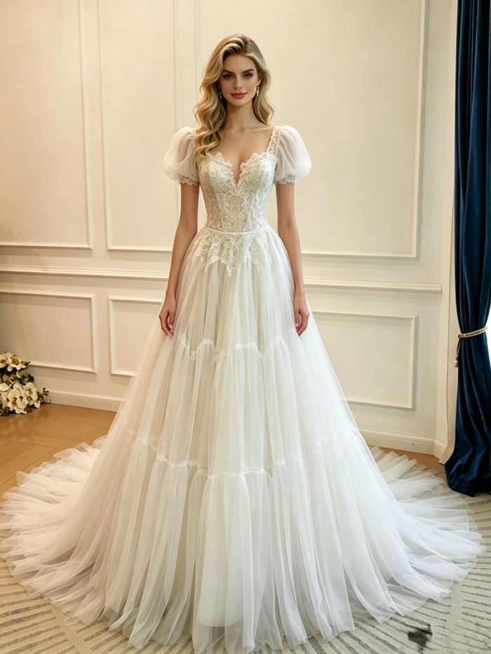 White Tulle Lace Puff Sleeve Wedding Dress