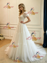 White Tulle Lace Puff Sleeve Wedding Dress