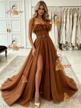 Bown Tulle Straps Split Prom Dress