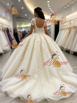 Ivory V-neck Short Sleeve Appliques Quinceanera Dress