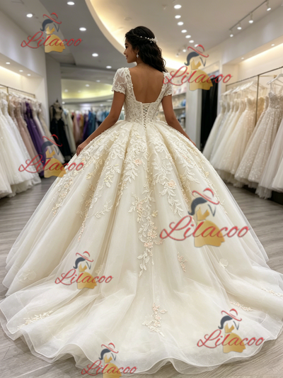 Ivory V-neck Short Sleeve Appliques Quinceanera Dress