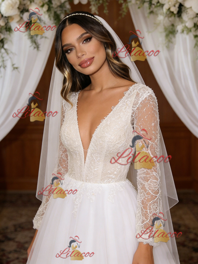 White Tulle V-neck Long Sleeve Wedding Dress