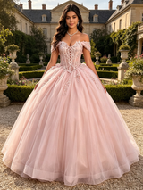 Pink Tulle Off the Shoulder Appliques Quinceanera Dress