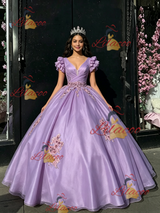 Purple Tulle V-neck Appliques Quinceanera Dress