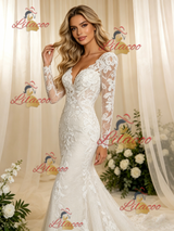Beige Wite Mermaid Lace Long Sleeve Wedding Dress