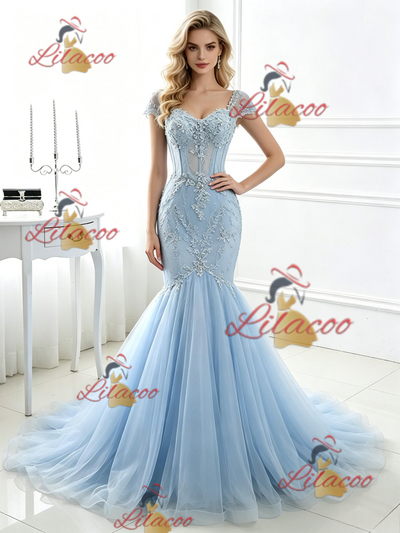 Blue Mermaid Tulle Lace Prom Dress