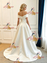 Ivory Satin Off the Shoulder Pleats Wedding Dress