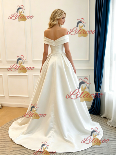 Ivory Satin Off the Shoulder Pleats Wedding Dress