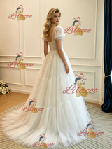 White Tulle Lace Puff Sleeve Wedding Dress