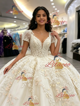 Ivory V-neck Short Sleeve Appliques Quinceanera Dress