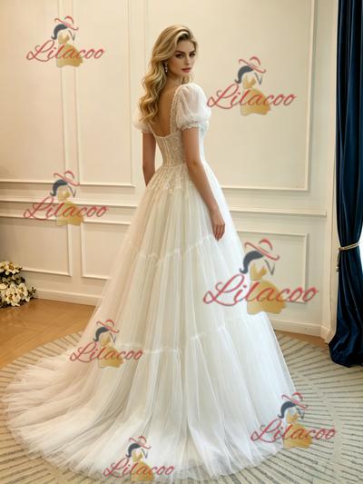 White Tulle Lace Puff Sleeve Wedding Dress