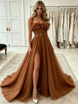 Bown Tulle Straps Split Prom Dress