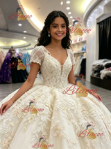 Ivory V-neck Short Sleeve Appliques Quinceanera Dress