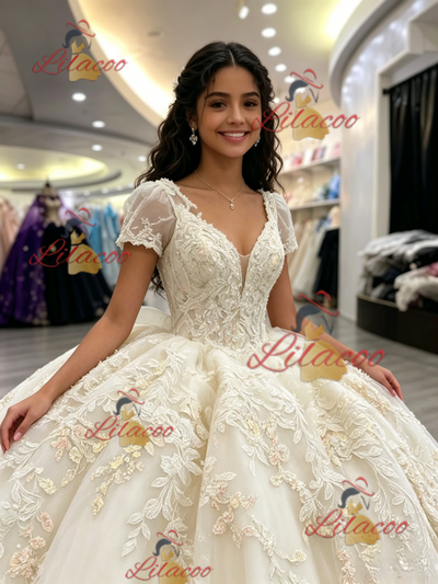 Ivory V-neck Short Sleeve Appliques Quinceanera Dress