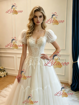 White Tulle Lace Puff Sleeve Wedding Dress