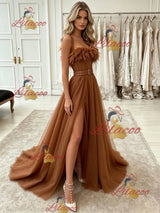Bown Tulle Straps Split Prom Dress
