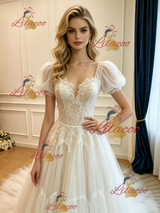 White Tulle Lace Puff Sleeve Wedding Dress