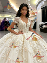Ivory V-neck Short Sleeve Appliques Quinceanera Dress