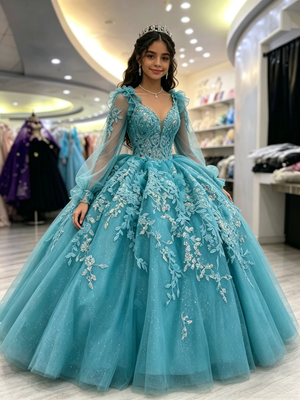 Blue Tulle V-neck Appliques Quinceanera Dress
