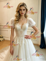 White Tulle Lace Puff Sleeve Wedding Dress