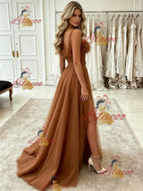 Bown Tulle Straps Split Prom Dress