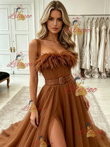 Bown Tulle Straps Split Prom Dress