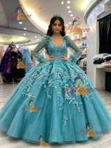 Blue Tulle V-neck Appliques Quinceanera Dress