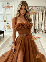 Bown Tulle Straps Split Prom Dress