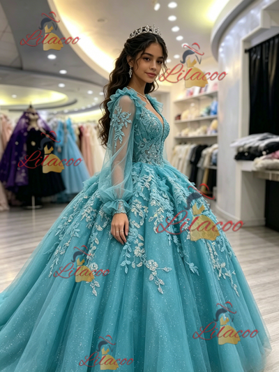 Blue Tulle V-neck Appliques Quinceanera Dress