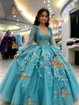 Blue Tulle V-neck Appliques Quinceanera Dress