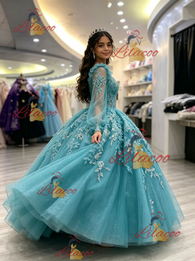 Blue Tulle V-neck Appliques Quinceanera Dress