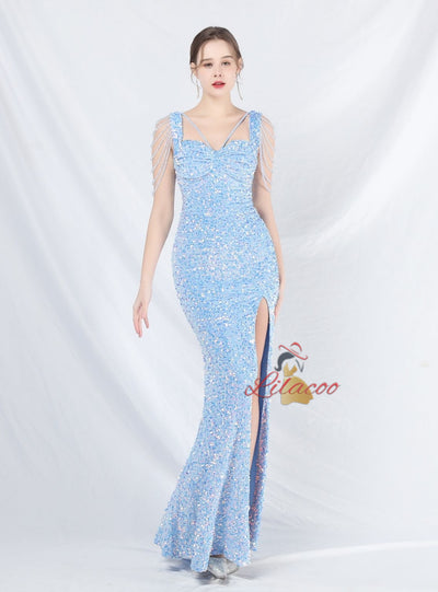 Straps Sequins Beading Split Prom Dress