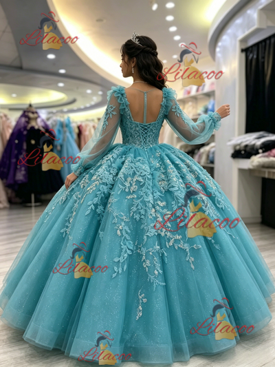 Blue Tulle V-neck Appliques Quinceanera Dress