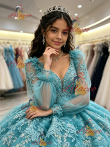 Blue Tulle V-neck Appliques Quinceanera Dress