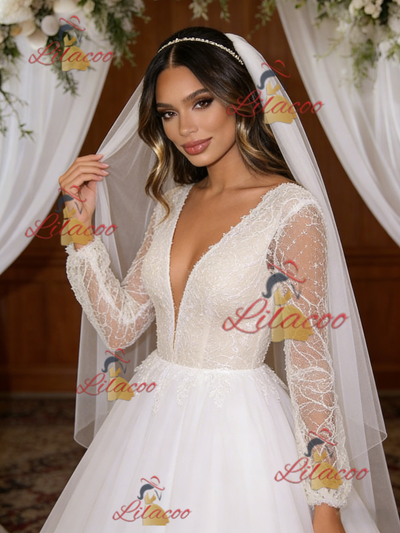 White Tulle V-neck Long Sleeve Wedding Dress