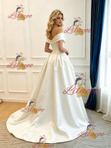 Ivory Satin Off the Shoulder Pleats Wedding Dress