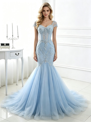 Blue Mermaid Tulle Lace Prom Dress
