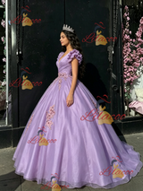 Purple Tulle V-neck Appliques Quinceanera Dress