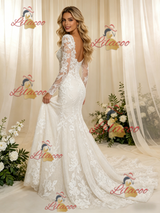 Beige Wite Mermaid Lace Long Sleeve Wedding Dress