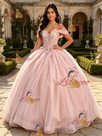 Pink Tulle Off the Shoulder Appliques Quinceanera Dress