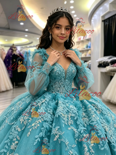 Blue Tulle V-neck Appliques Quinceanera Dress