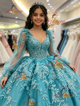 Blue Tulle V-neck Appliques Quinceanera Dress