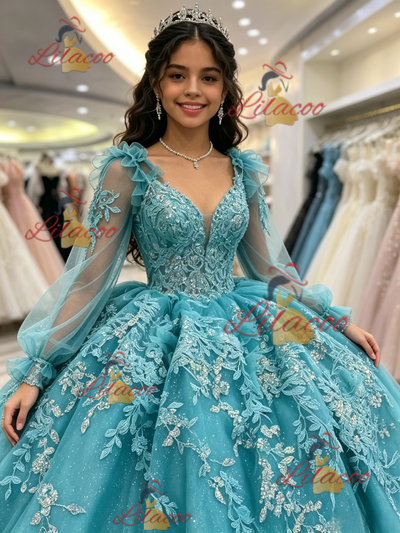 Blue Tulle V-neck Appliques Quinceanera Dress