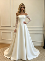 White Satin Lace Long Sleeve Wedding Dress