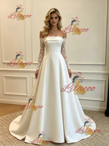 White Satin Lace Long Sleeve Wedding Dress
