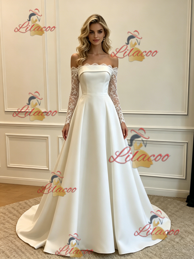 White Satin Lace Long Sleeve Wedding Dress