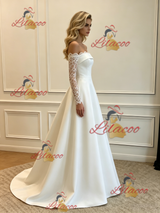 White Satin Lace Long Sleeve Wedding Dress